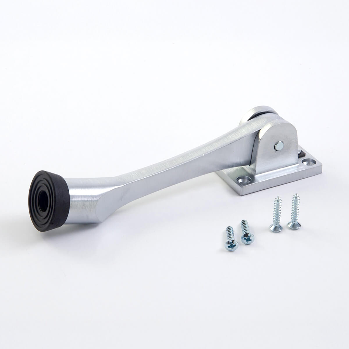 Doorstop with attached mounting bracket and screws nearby.