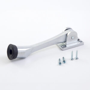 Metal door stop with attached screws on white background.