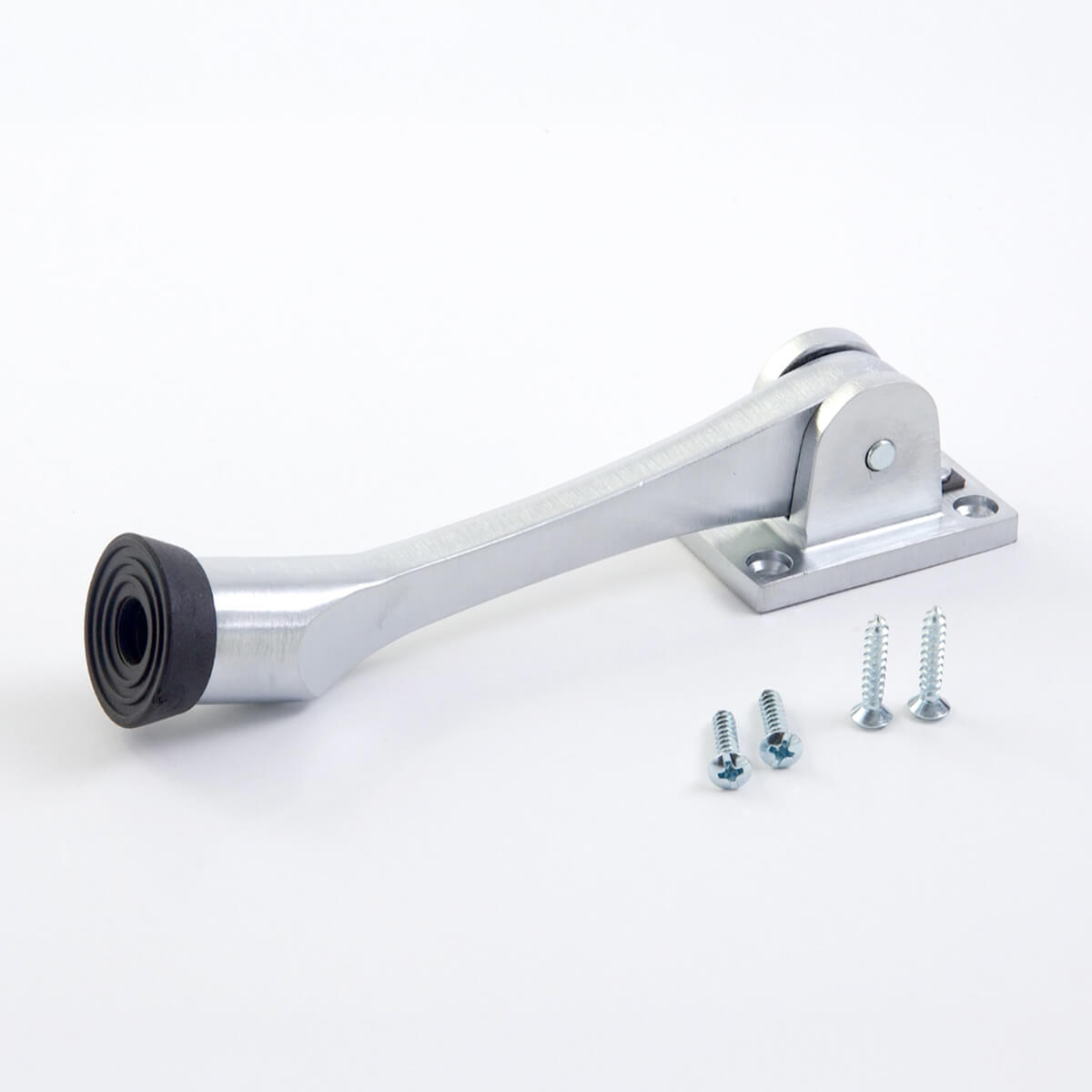 Metal door stop with attached screws on white background.