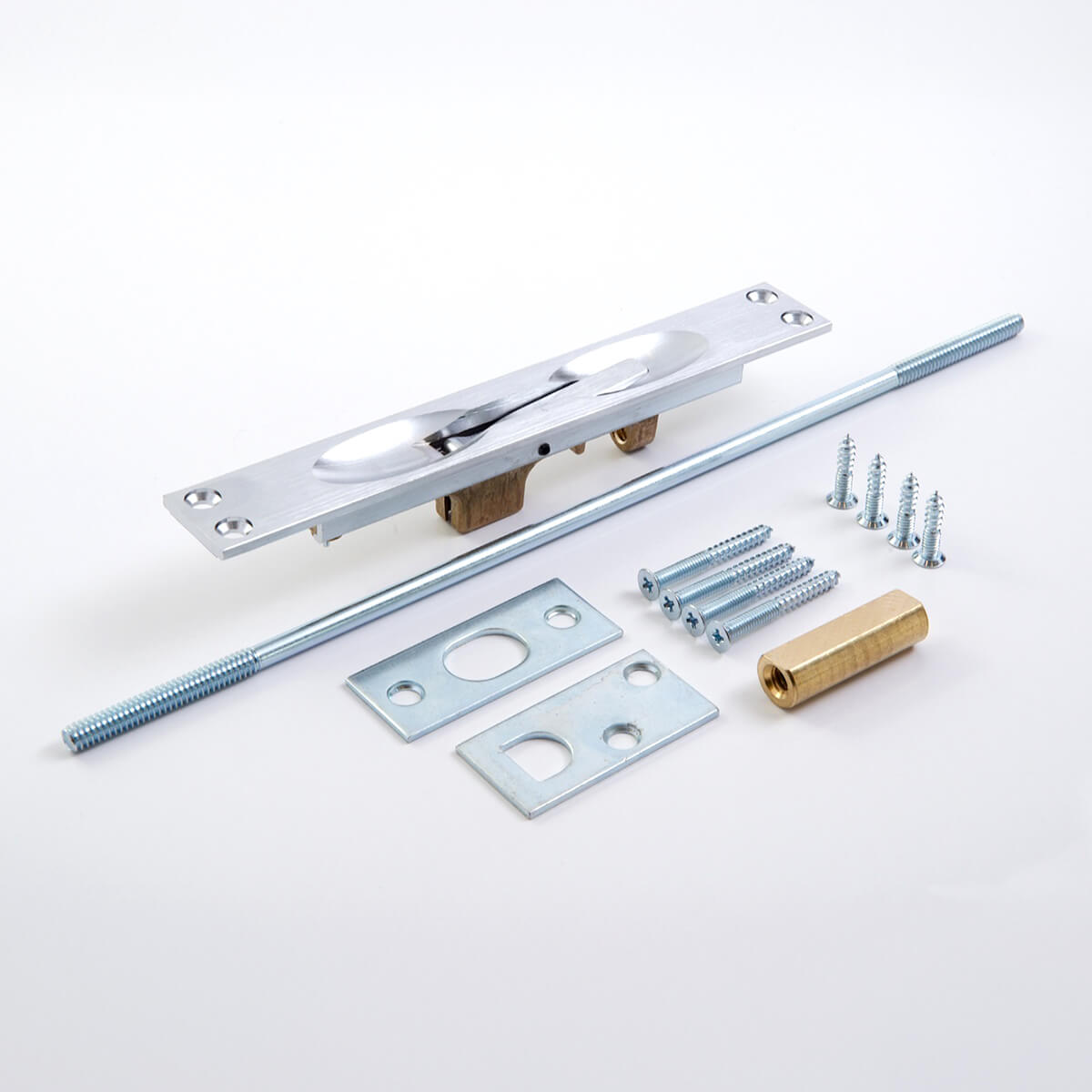 Door hardware components arranged on a white background.