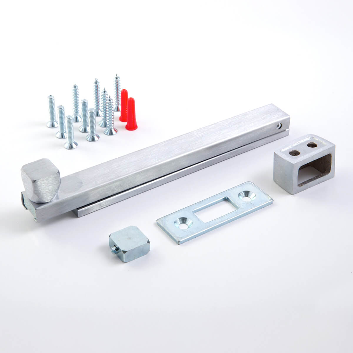 Silver door hardware kit with screws displayed.