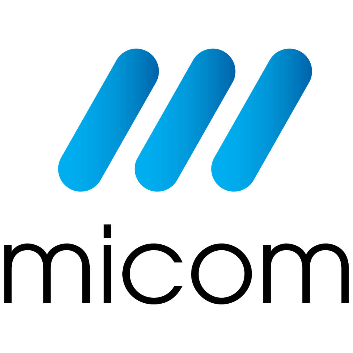 Blue and black "micom" logo with three stripes.
