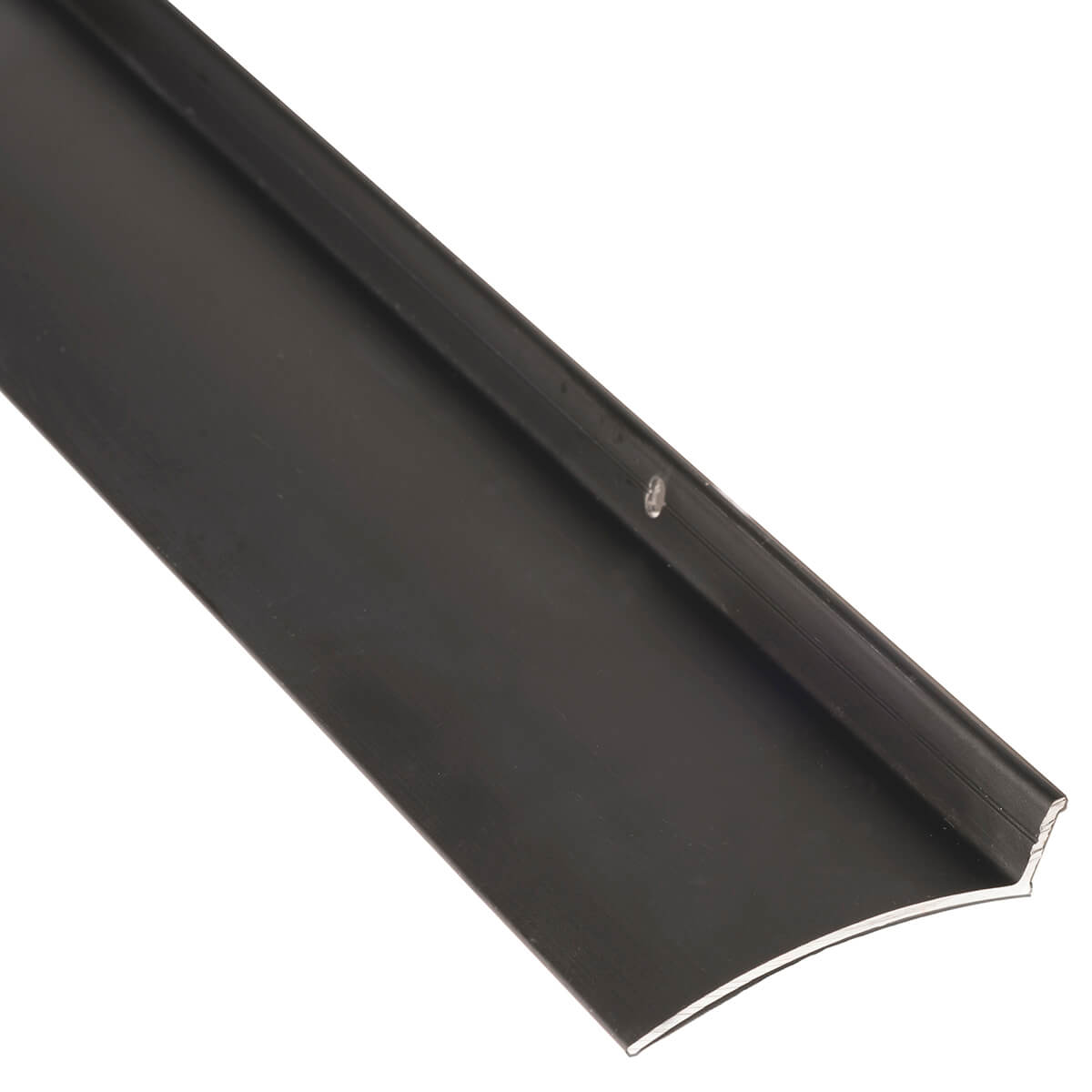 Black metal door sweep, angled view.