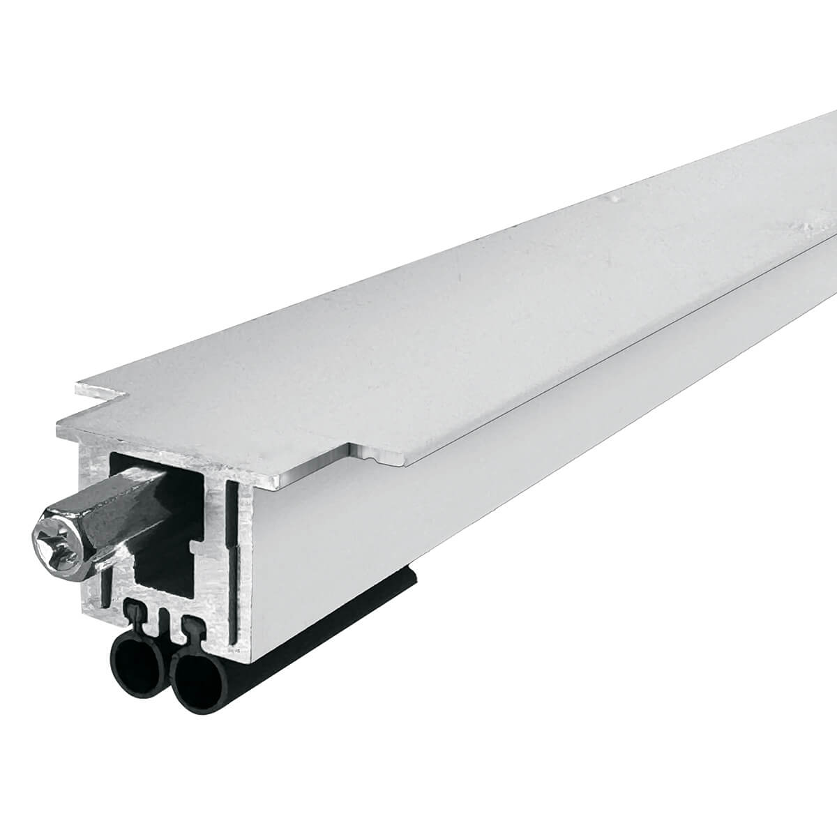 Aluminum door hardware bar with rubber seal.