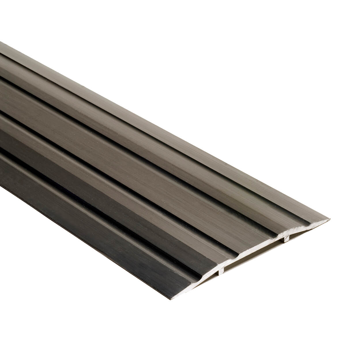 Metal door threshold with grooved surface for durability.