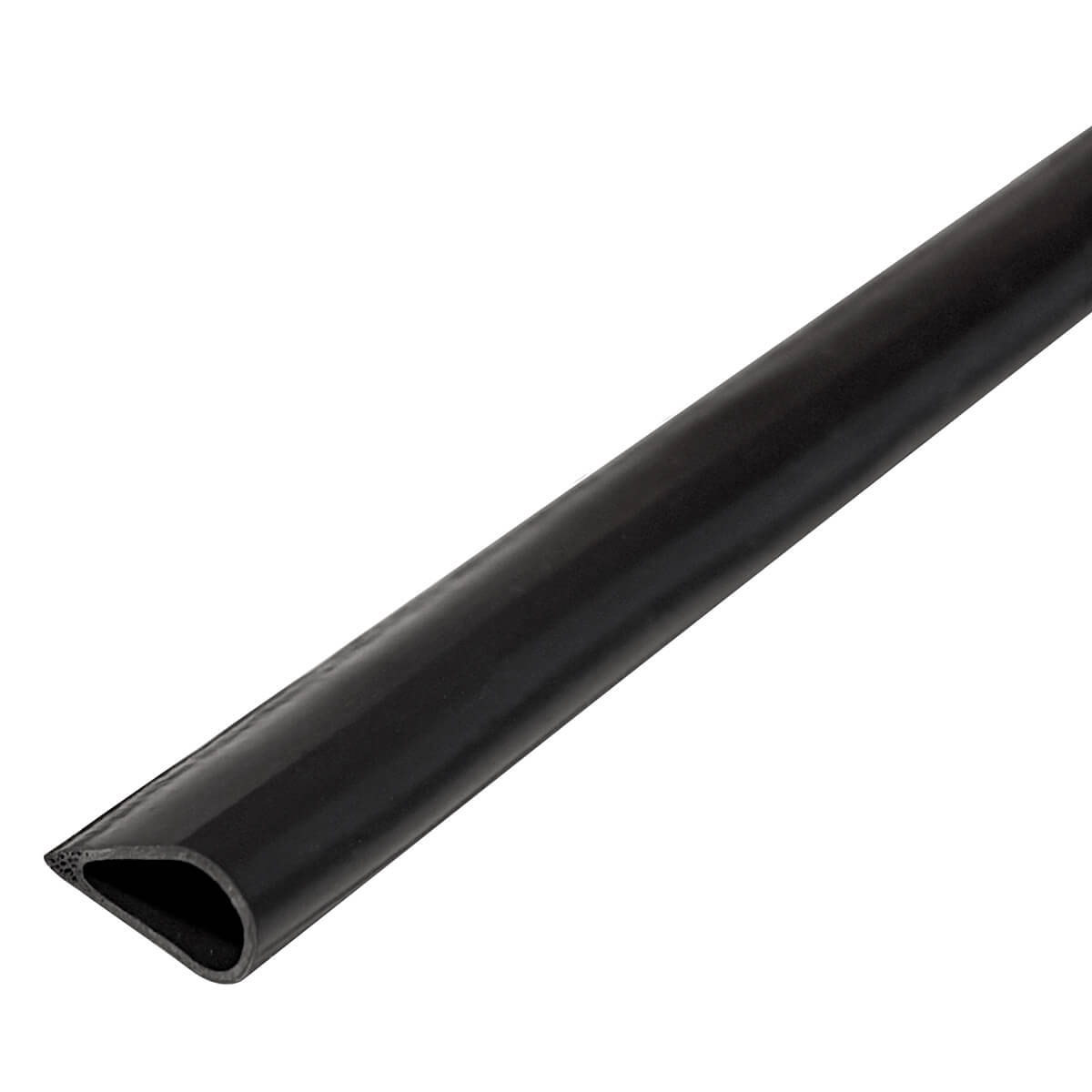 Black rubber door seal, angled against white background.