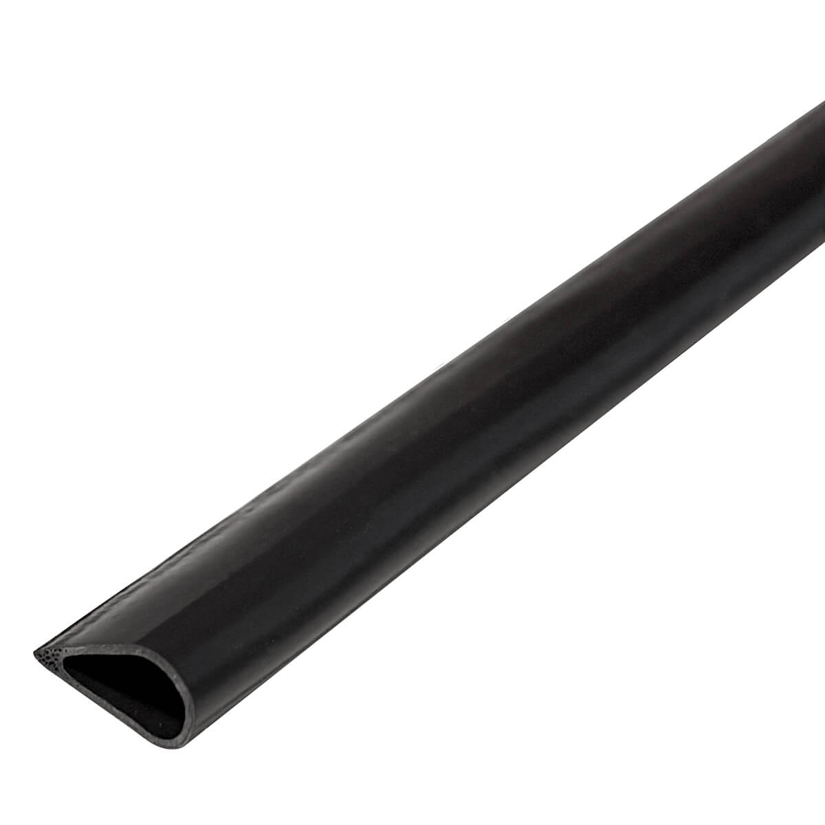 Black rubber door seal on white background.