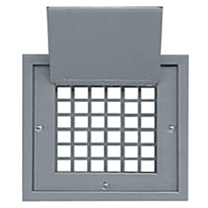 Gray metal door grille with mesh pattern.