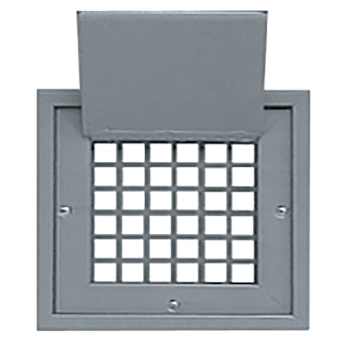 Gray metal door grille with mesh pattern.