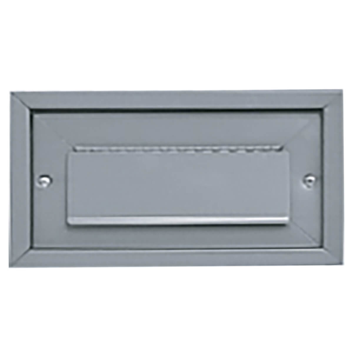 Metal mail slot on a gray door.