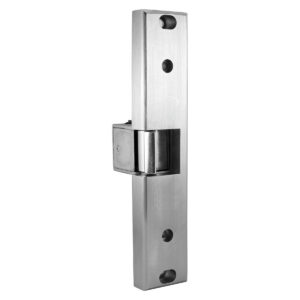 Stainless steel door hinge with multiple screw holes.