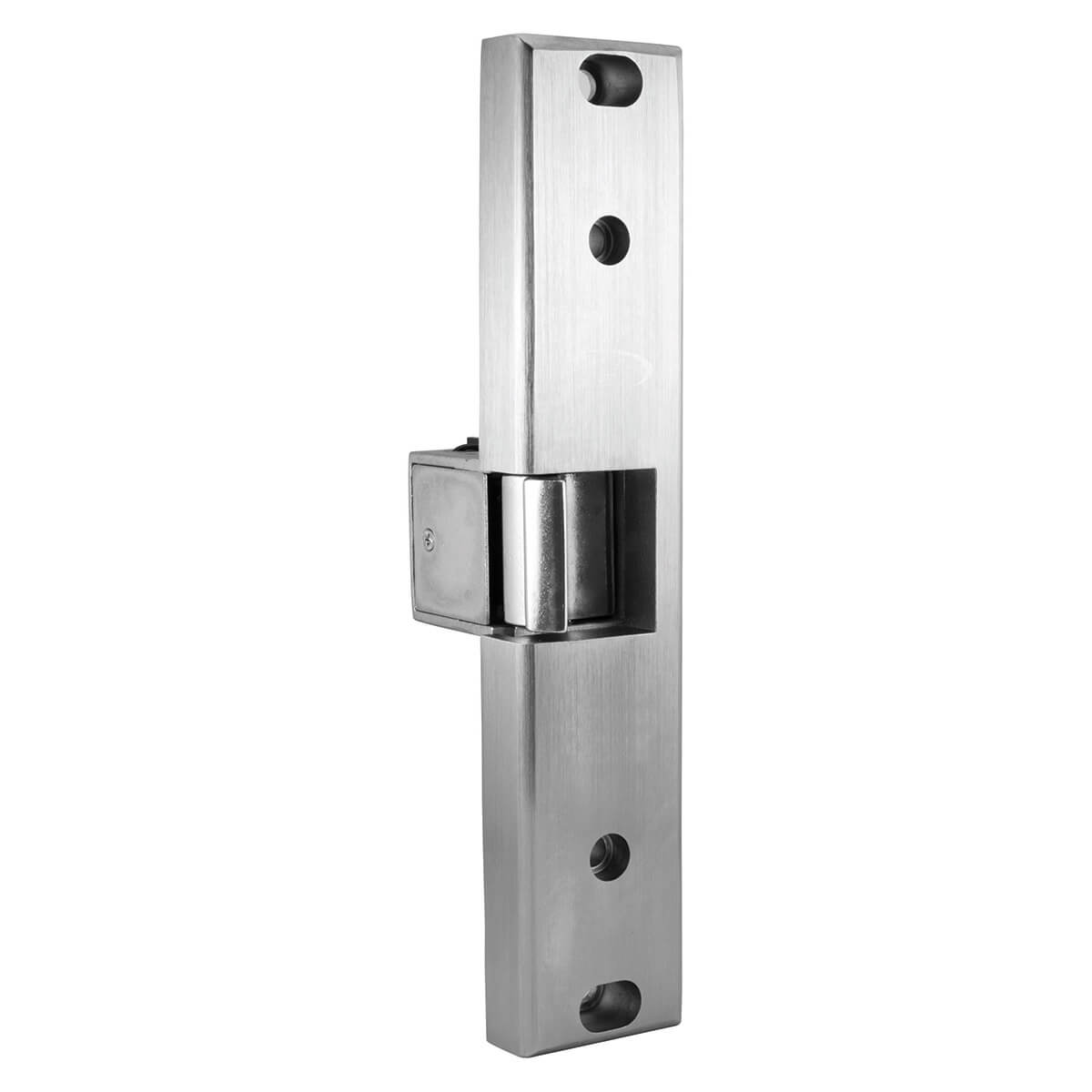 Stainless steel door hinge with multiple screw holes.