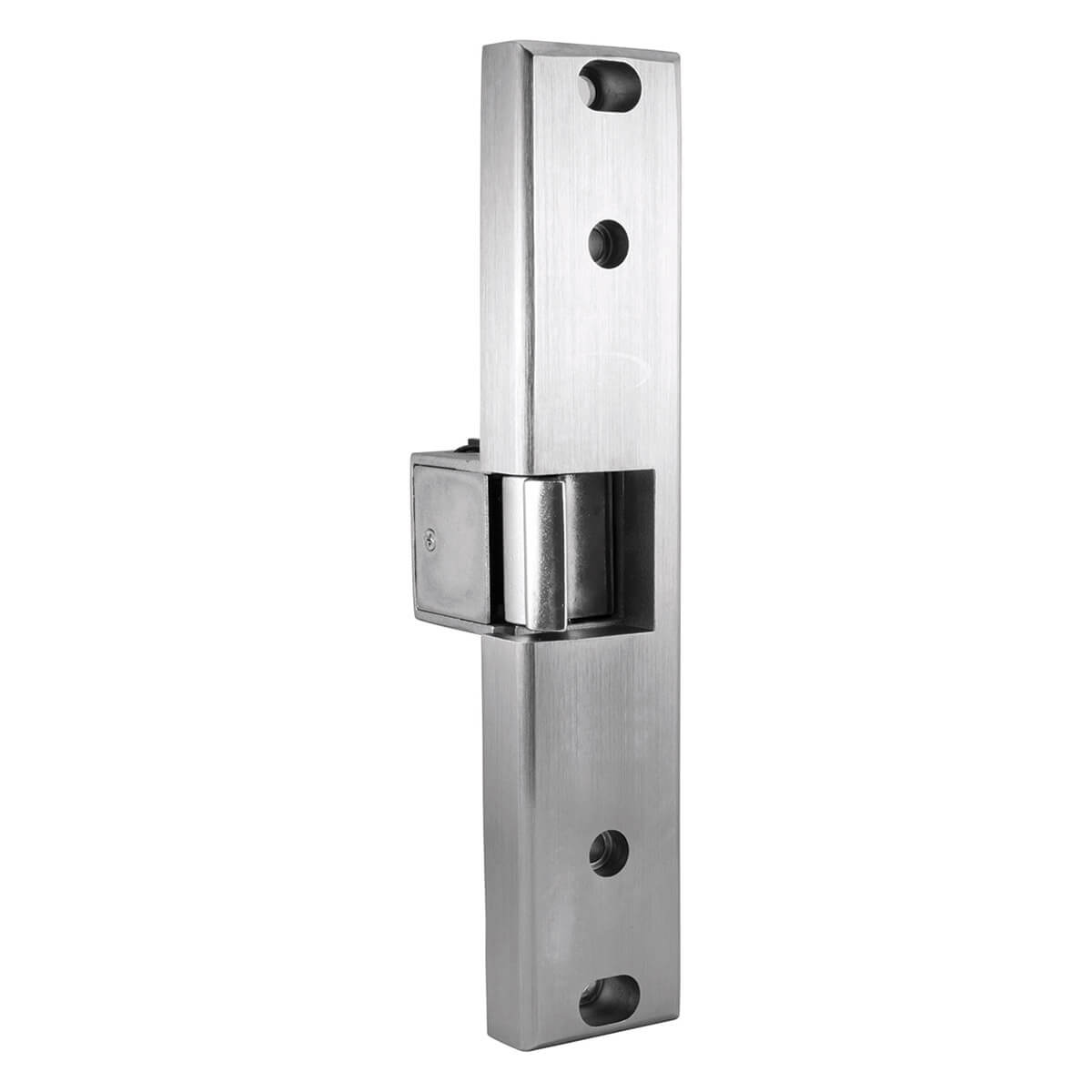 Stainless steel door hinge with mounting holes.