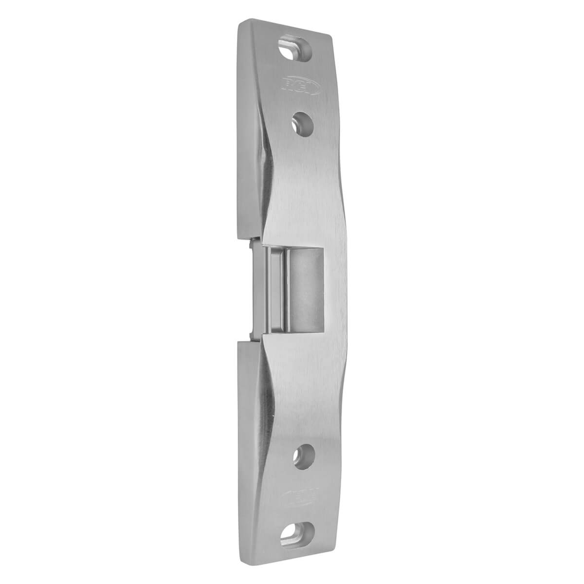 Stainless steel door strike plate vertical view.