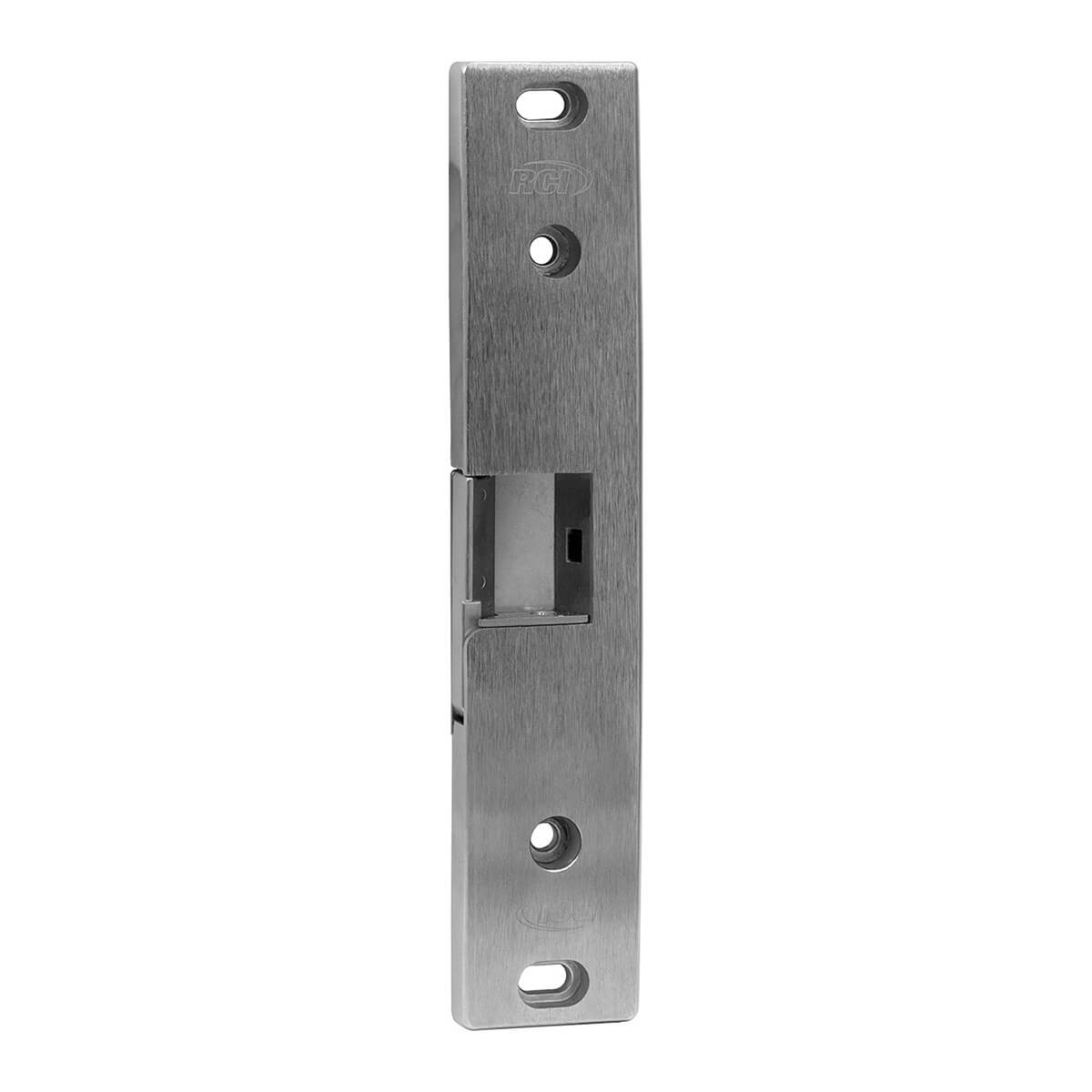 Stainless steel door strike plate standing upright.