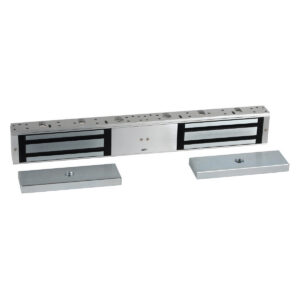 Silver electromagnetic lock with two mounting plates.