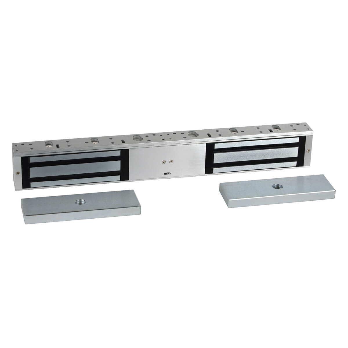 Silver electromagnetic lock with two mounting plates.