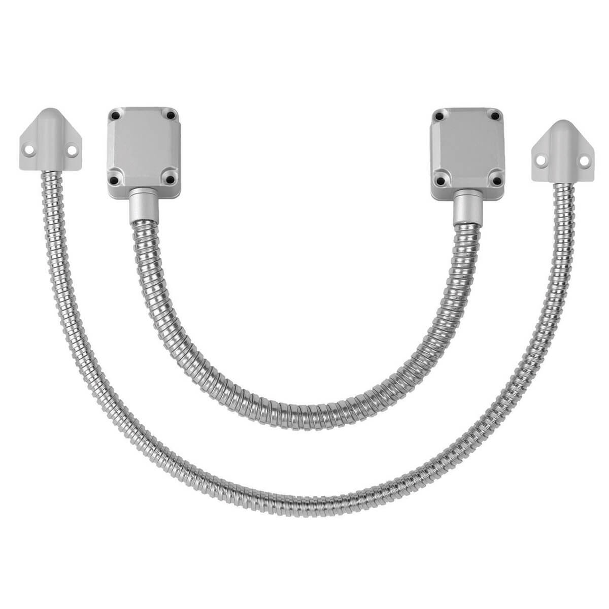 Silver door security hardware with flexible metallic tubing.