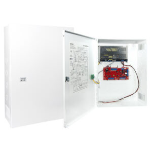 Open security hardware panel showing circuit board and wiring.