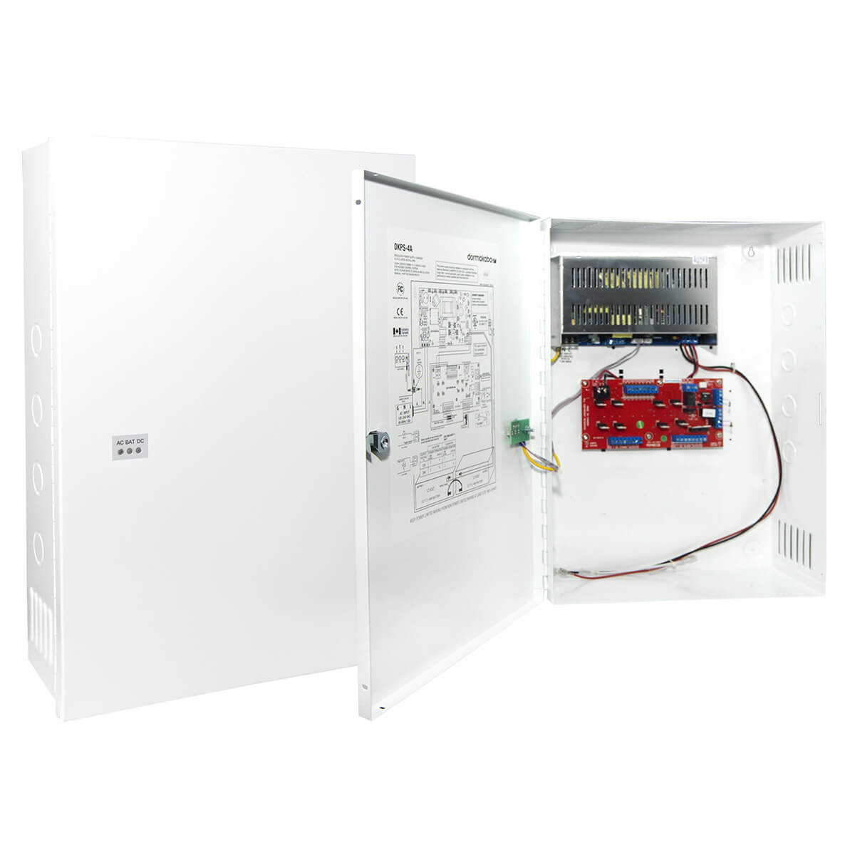Open security hardware panel showing circuit board and wiring.