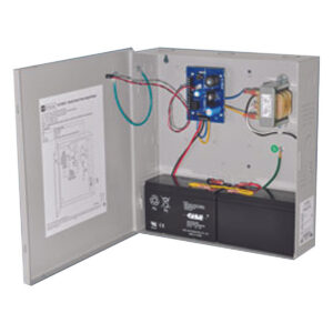 Security hardware in open metal box with wiring.