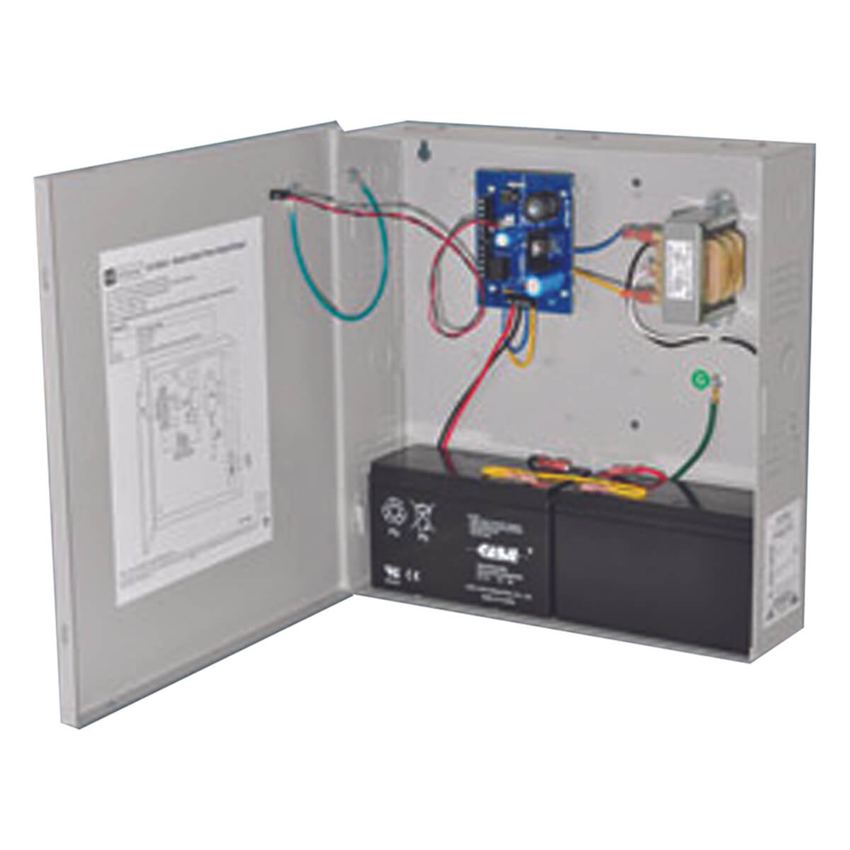 Security hardware in open metal box with wiring.