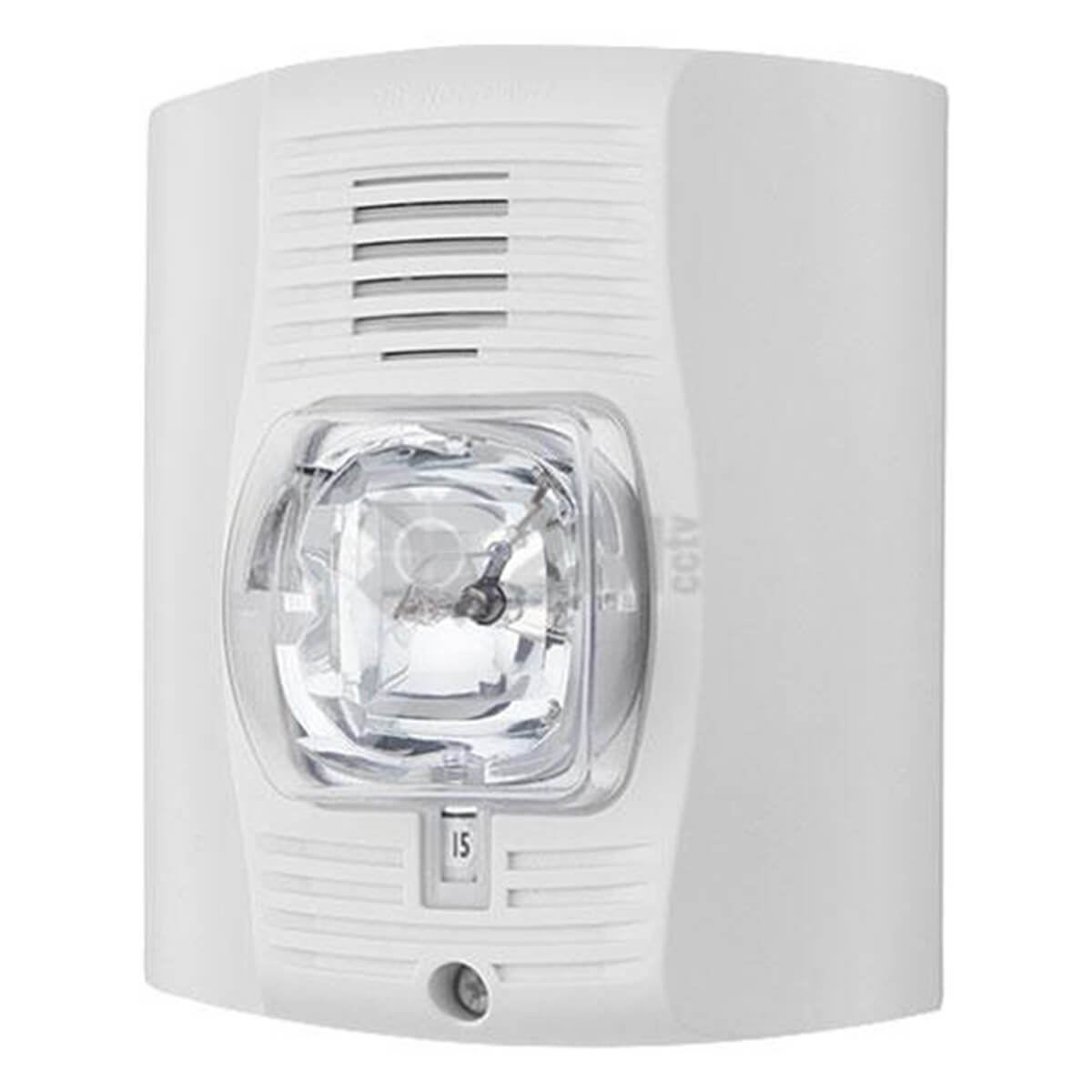 Wall-mounted white security alarm device with strobe light.