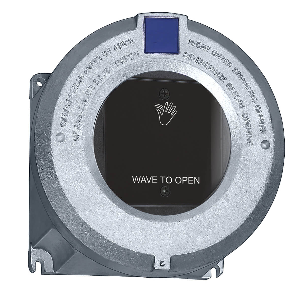 Touchless door sensor with "Wave to Open" instruction.