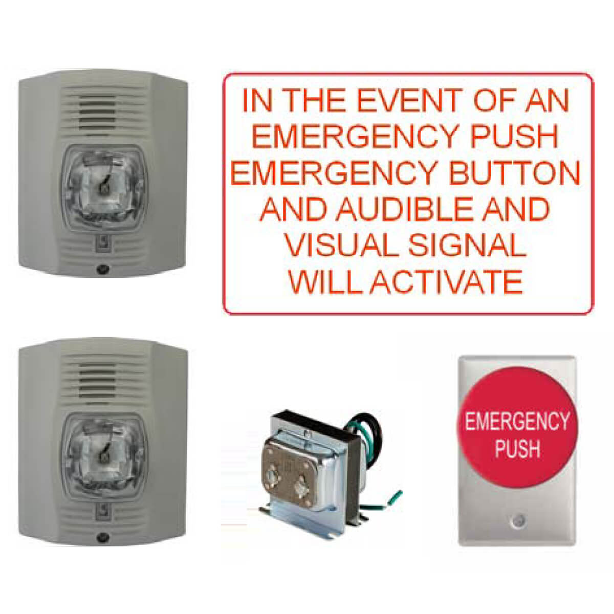 Emergency systems with push button and activation instructions.
