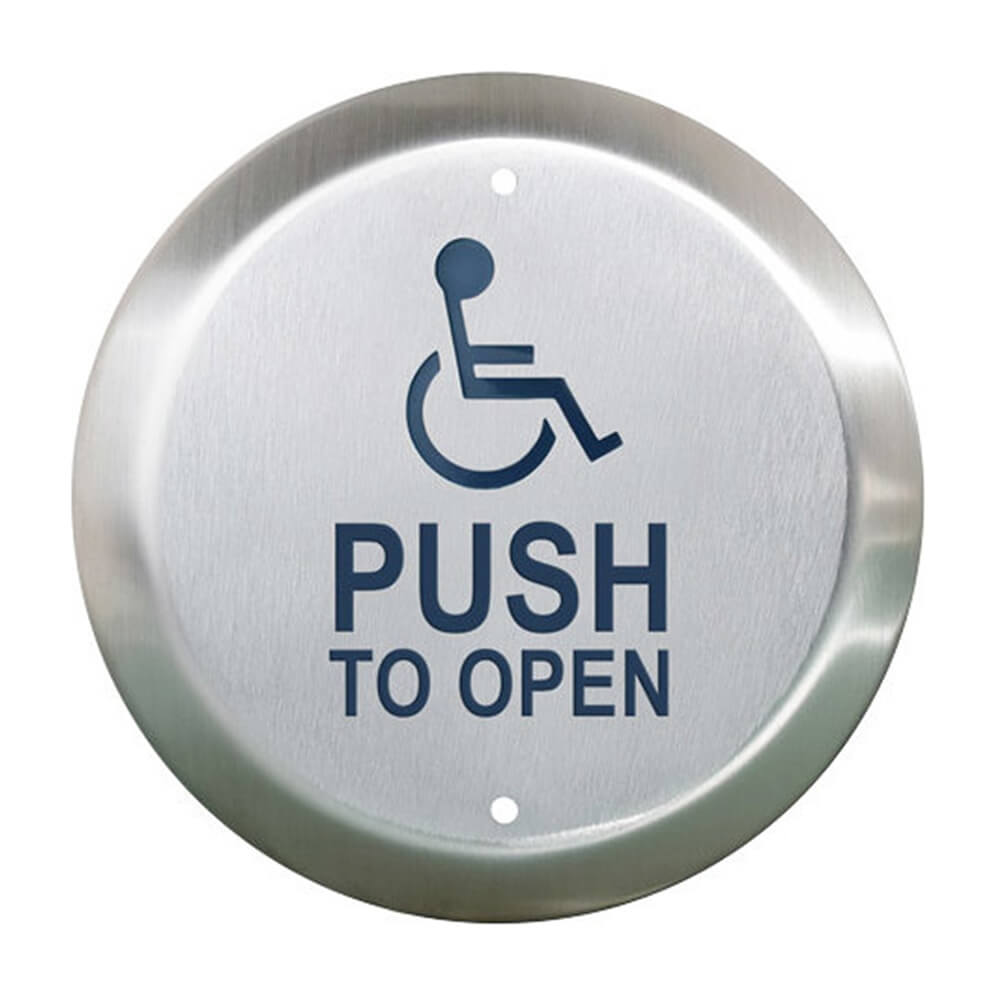 Silver button with wheelchair symbol, text reads "Push to Open".