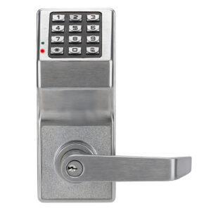 Keypad door lock with lever handle displayed.