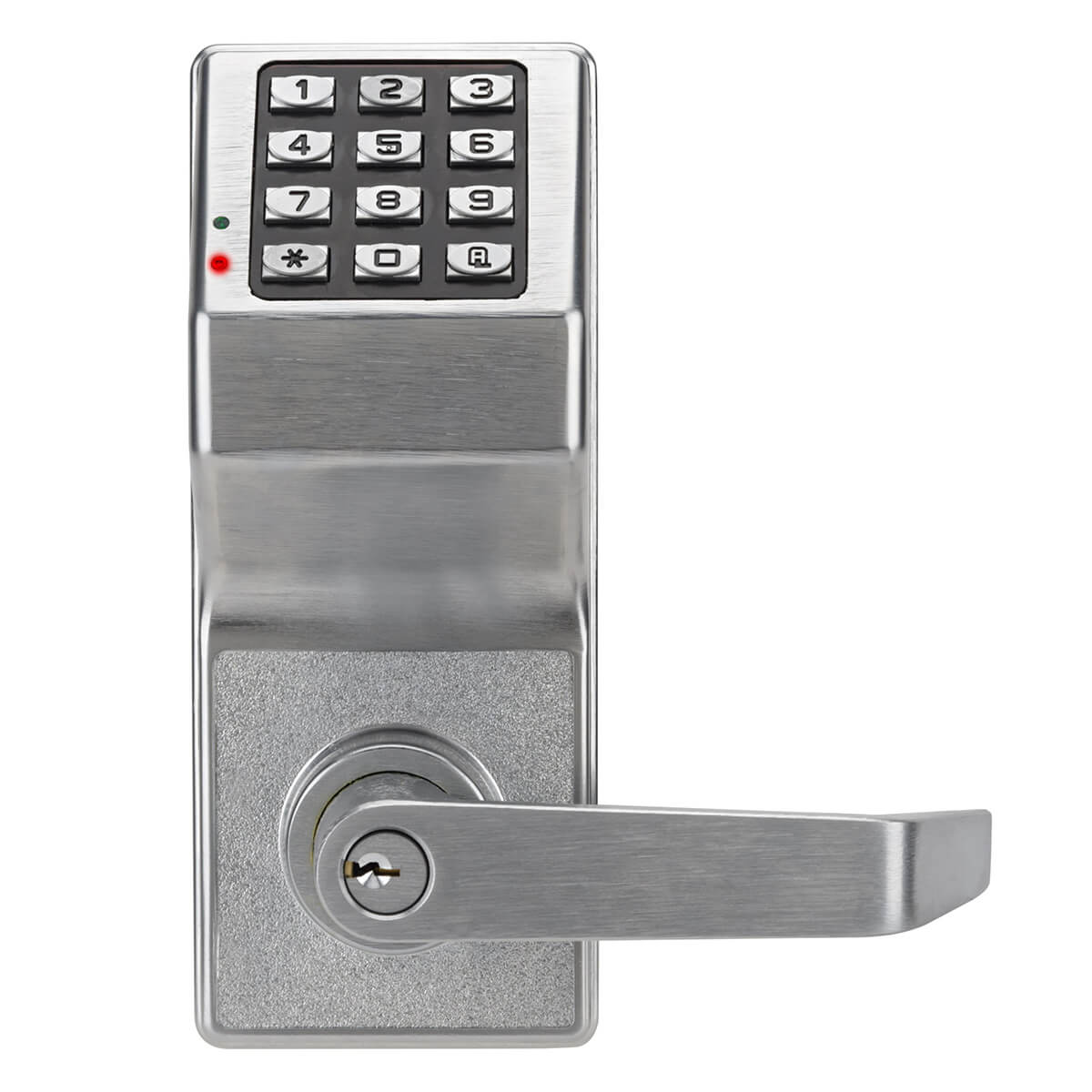 Keypad door lock with lever handle displayed.