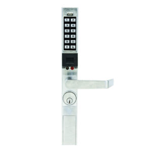 Silver keypad door lock with handle and keyhole.