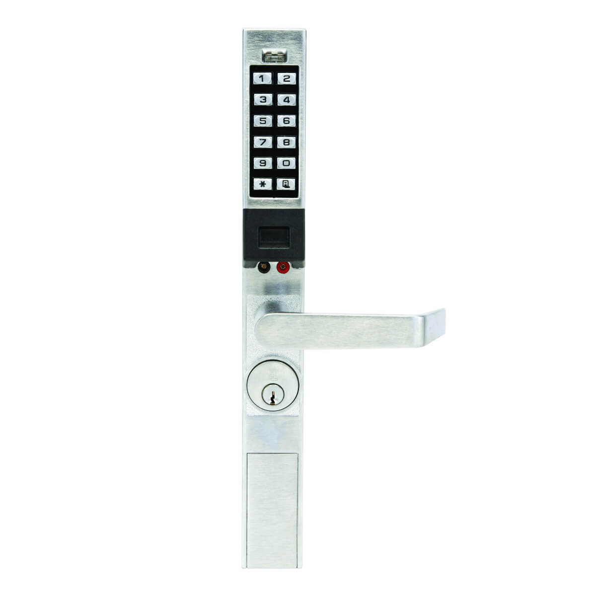 Silver keypad door lock with handle and keyhole.