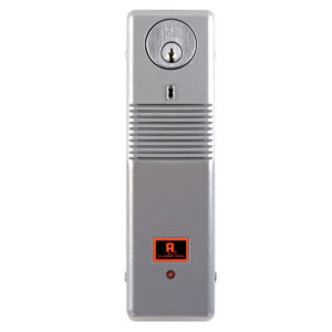 Silver electronic door lock with alarm indicator.