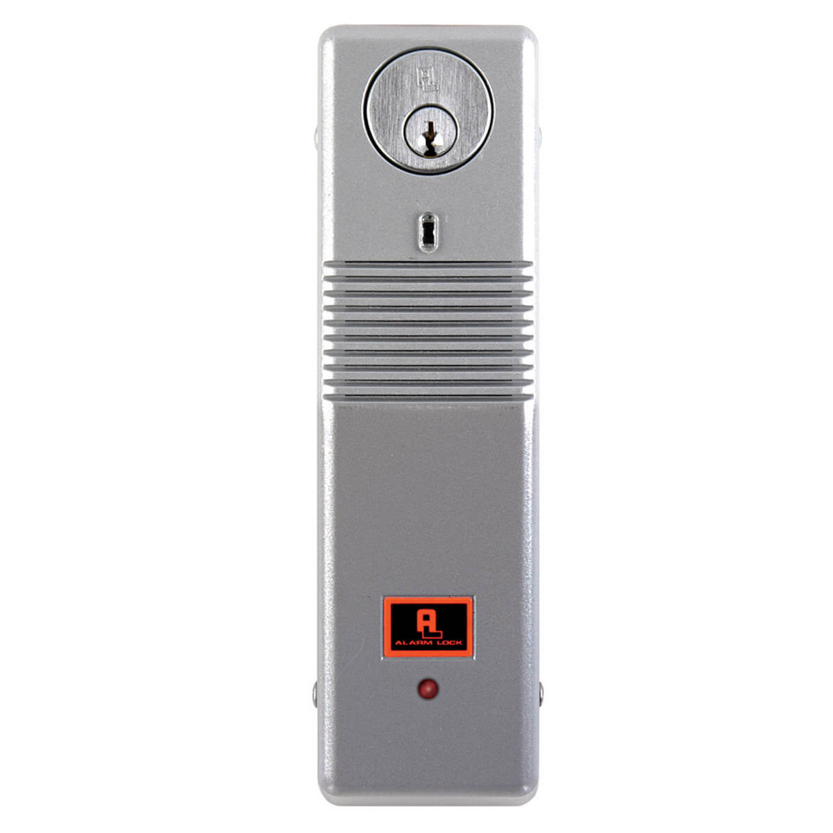 Silver electronic door lock with alarm indicator.