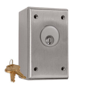 Steel lock box with keys on ring nearby.