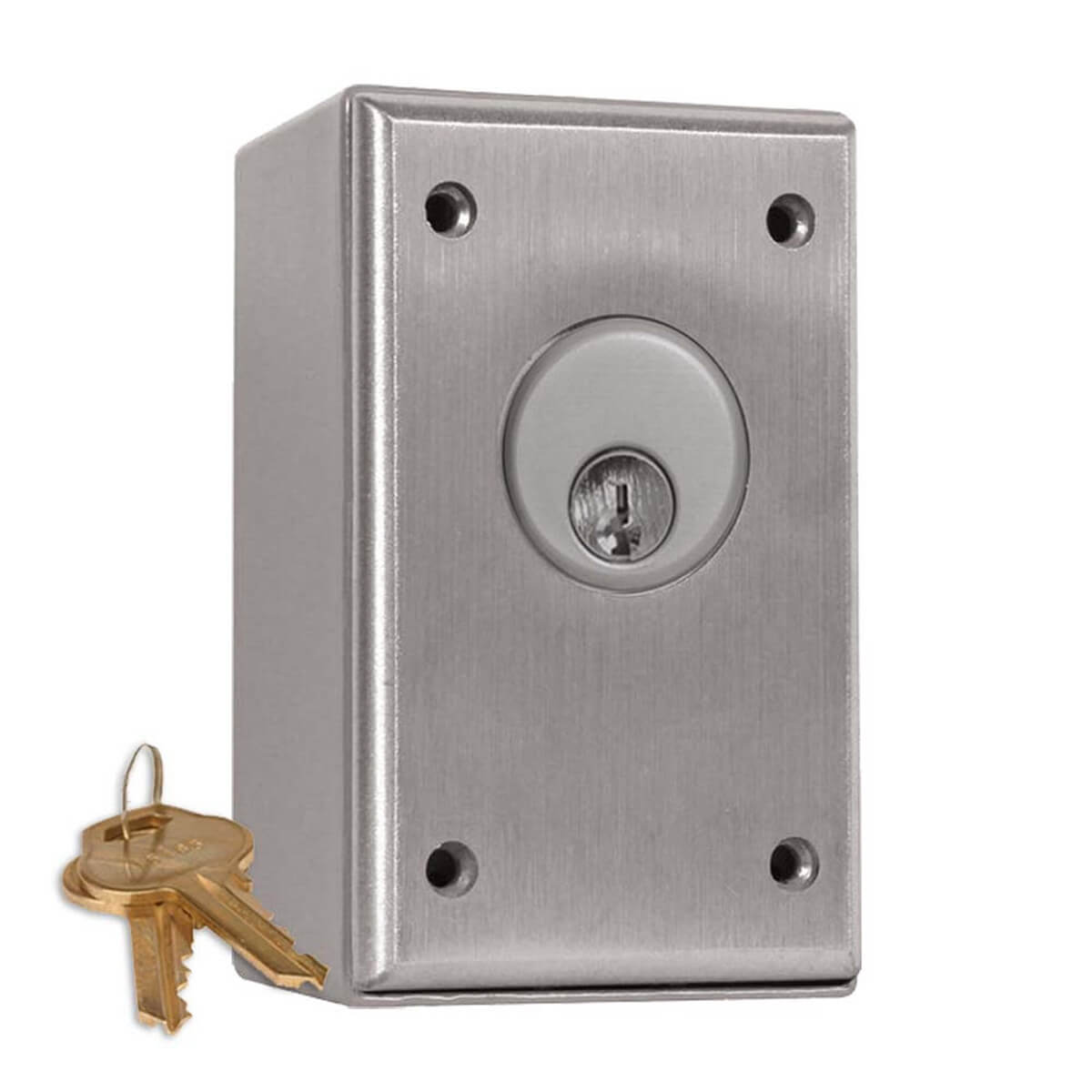 Steel lock box with keys on ring nearby.