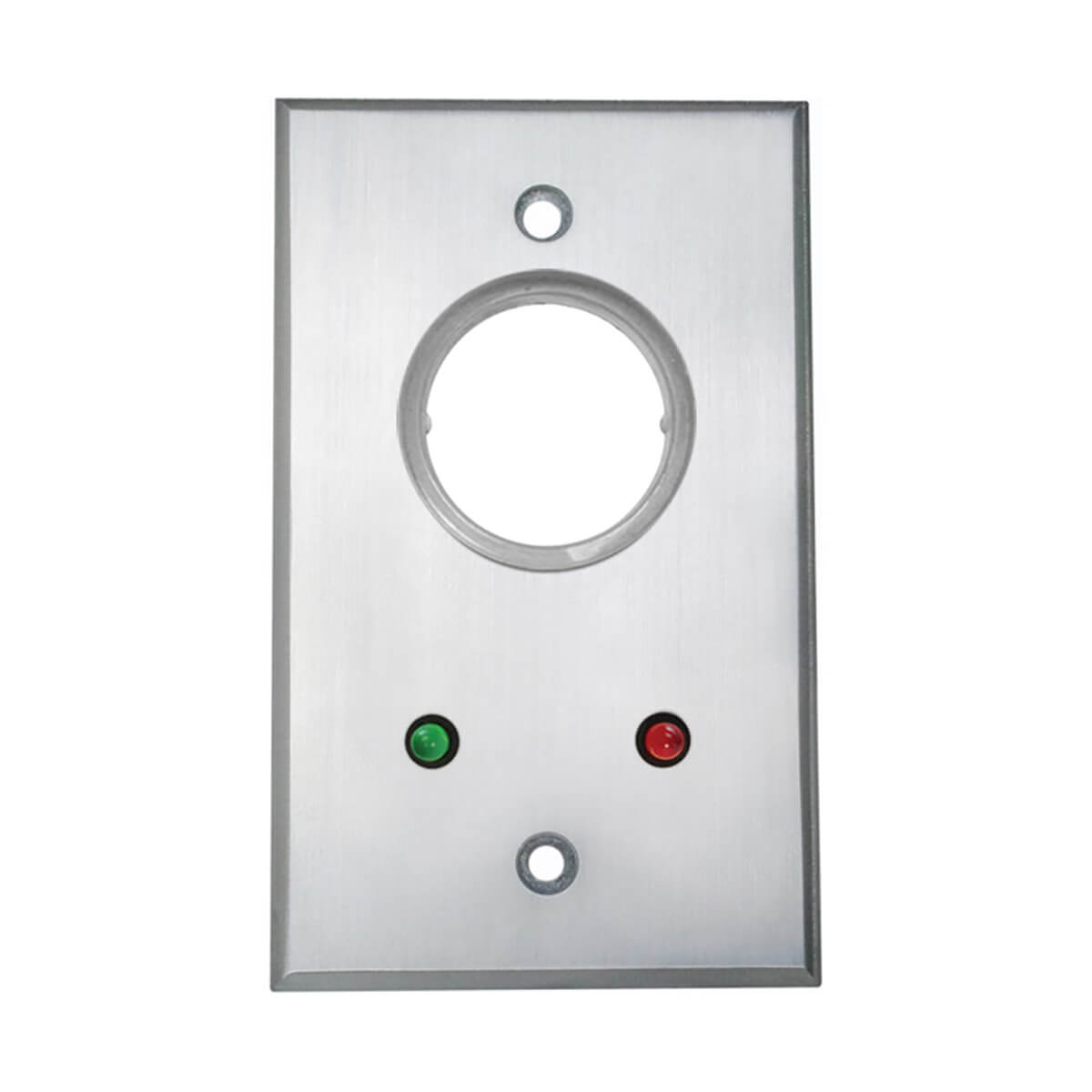 Metal wall plate with green, red indicator lights.