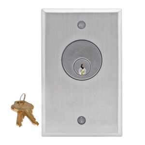 Silver lock panel with two keys hanging nearby.