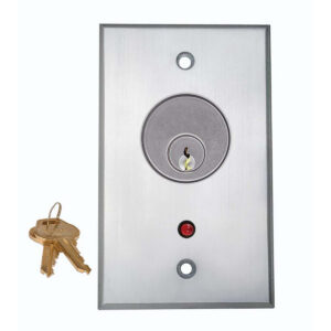 Metallic door lock and keys on white background.