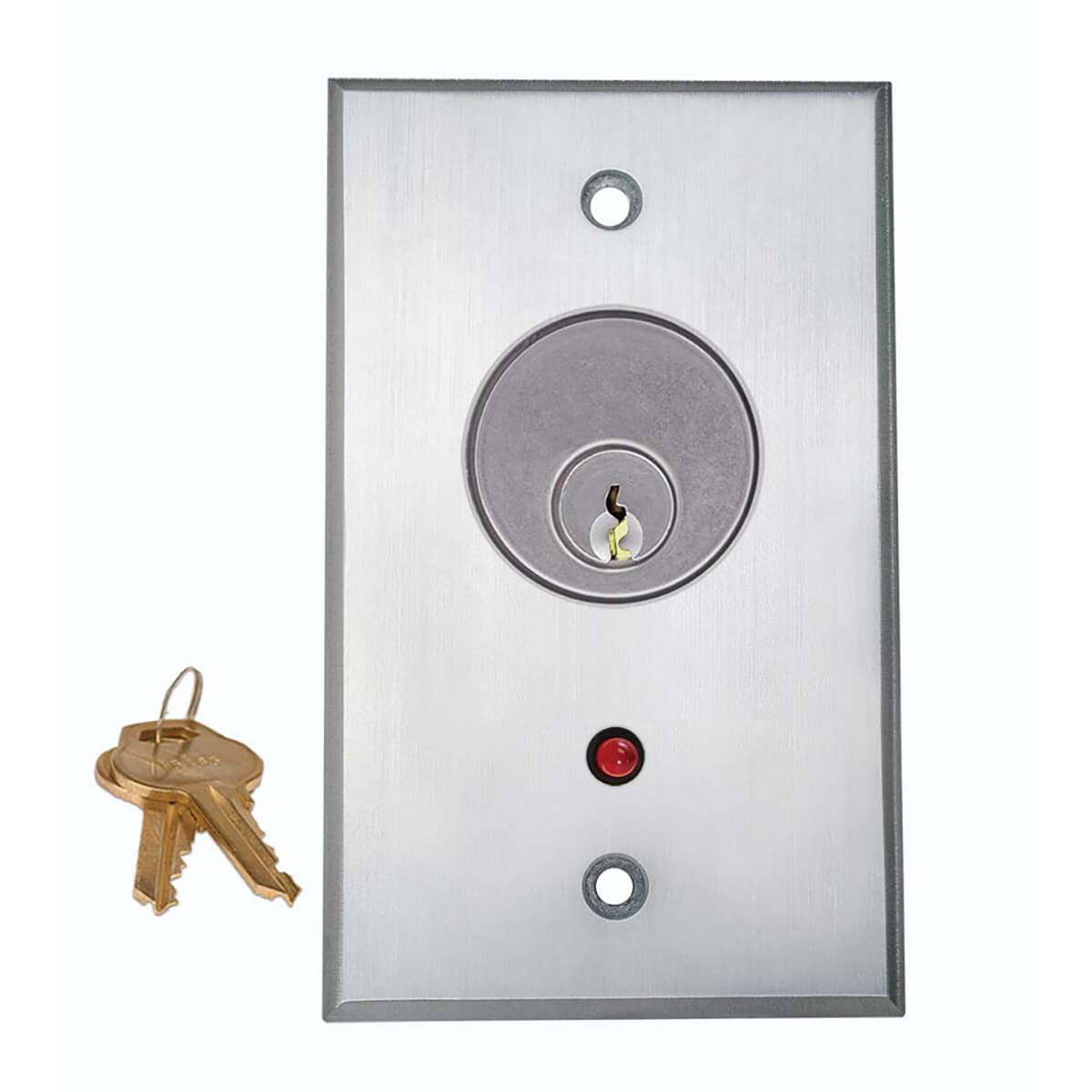Metallic door lock and keys on white background.