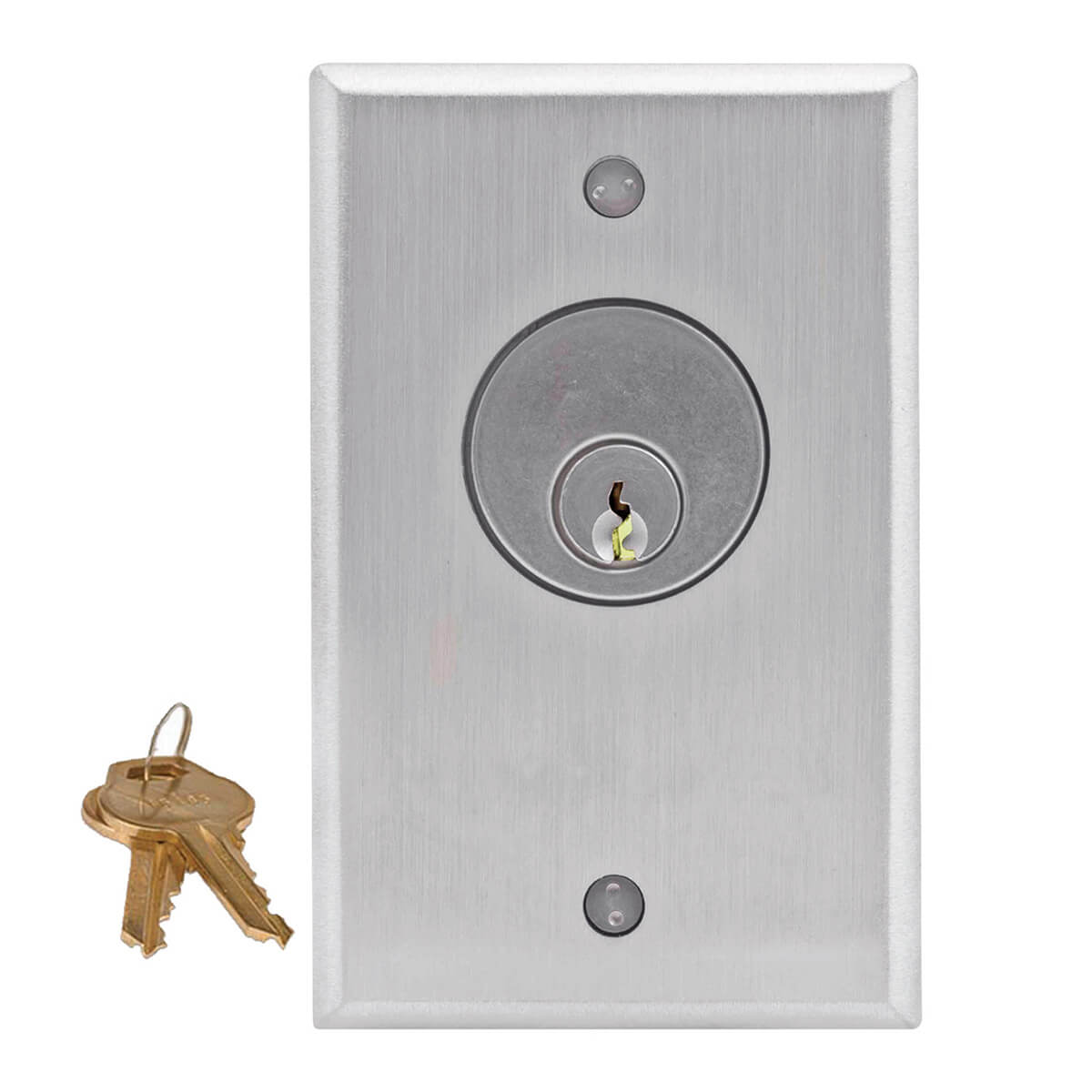 Silver lock panel with two keys hanging nearby.