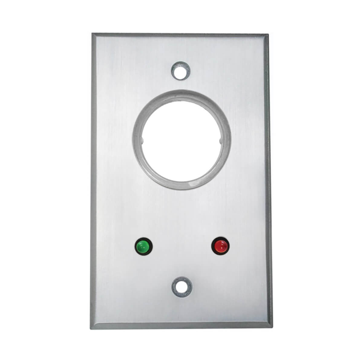 Metal panel with red and green indicator lights.