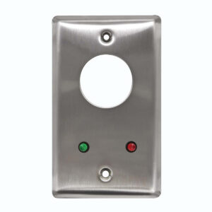 Steel faceplate with holes, green and red indicators.