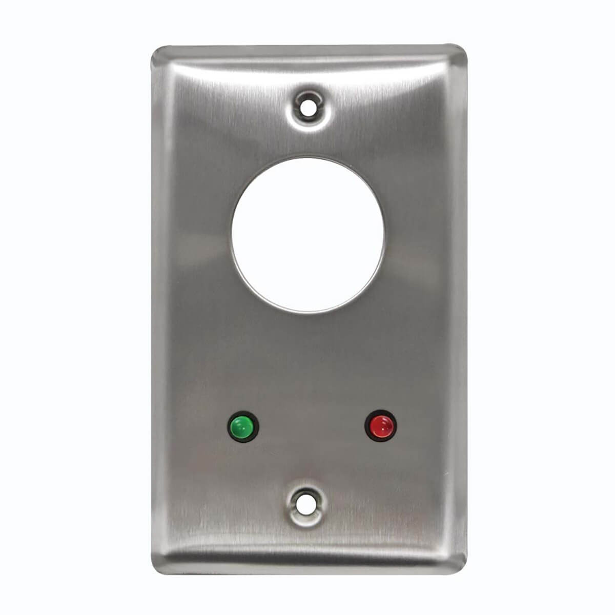 Steel faceplate with holes, green and red indicators.