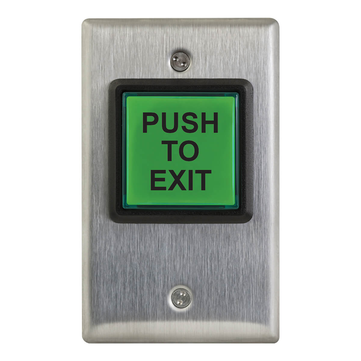 Green push button on silver wall plate.