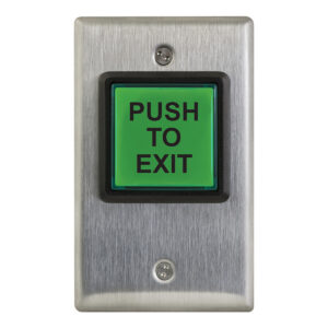 Green push-to-exit button on metal plate.