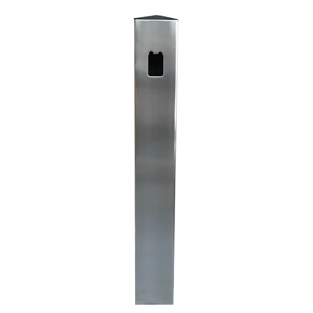 Stainless steel bollard with rectangular opening.