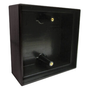 Black square box enclosure with mounting holes inside.